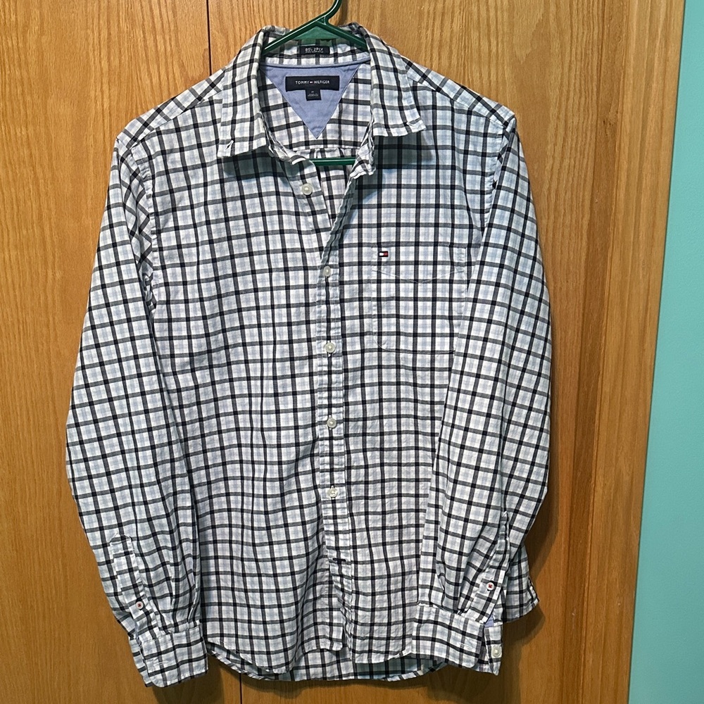 Tommy Hilfiger Men's Blue, Navy Blue and White long sleeve Plaid Shirt